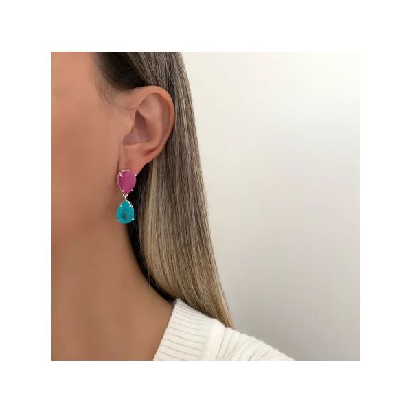 BRINCO GOTA DUPLA ZIRCÔNIA ROSA E AZUL PRATA 925 - My Prata Joias
