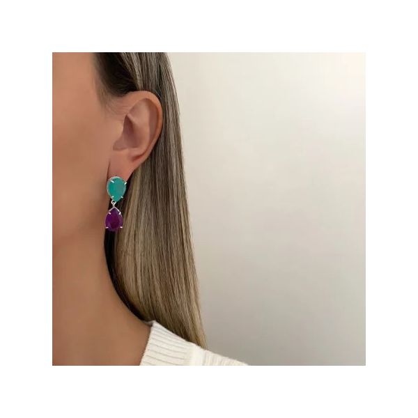 BRINCO GOTA DUPLA ZIRCÔNIA VERDE E ROXO PRATA 925 - My Prata Joias