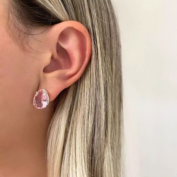 BRINCO GOTA ZIRCÔNIA ROSA CLARO PRATA 925 - My Prata Joias