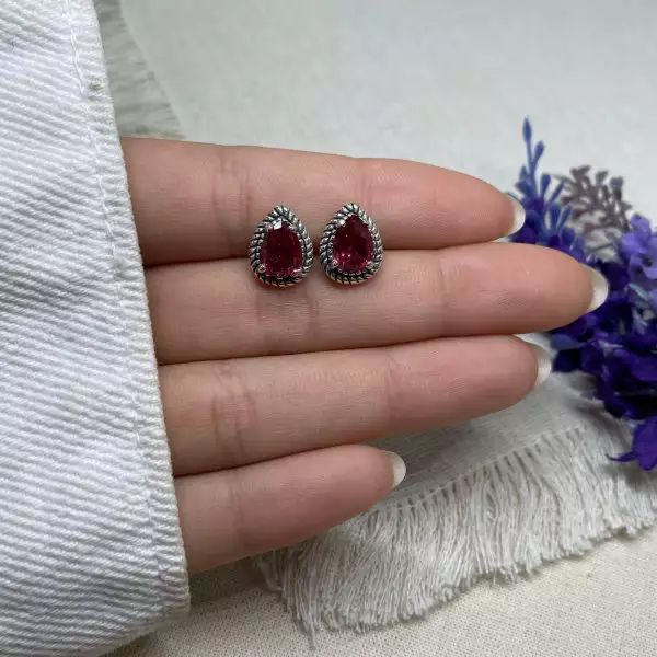 BRINCO GOTA ZIRCÔNIA ROSA ESCURO PRATA 925 - My Prata Joias