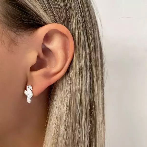 BRINCO CAVALO MARINHO ZIRCÔNIA CRISTAL PRATA 925 - My Prata Joias