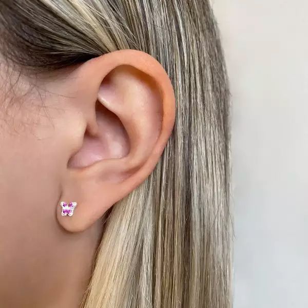 BRINCO BORBOLETA ZIRCÔNIA ROSA PRATA 925 - My Prata Joias