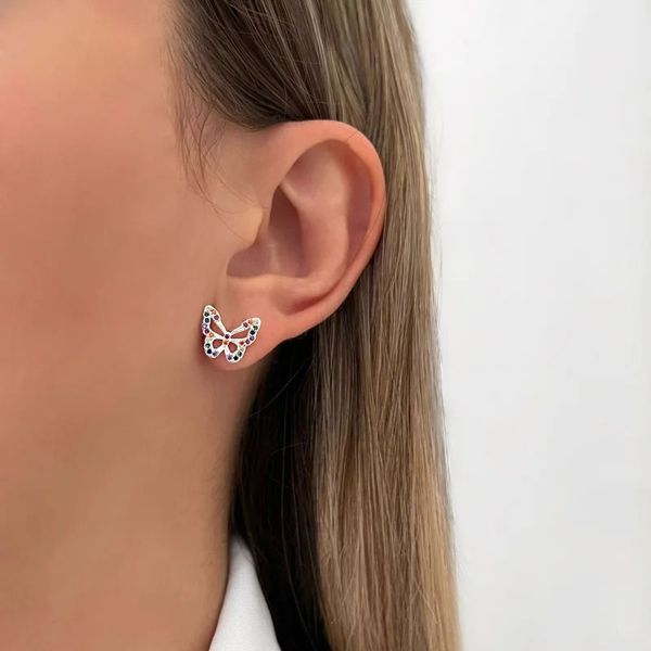 BRINCO BORBOLETA ZIRCÔNIA COLORIDA PRATA 925 - My Prata Joias