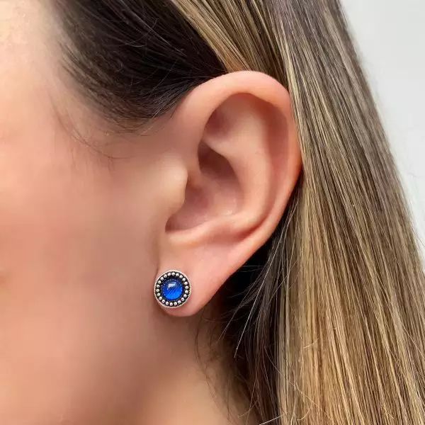 BRINCO REDONDO INDIANO PEDRA AZUL ESCURO PRATA 925 - My Prata Joias