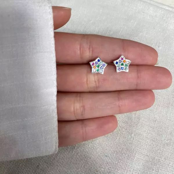 BRINCO ESTRELA ZIRCÔNIA COLORIDA PRATA 925 - My Prata Joias