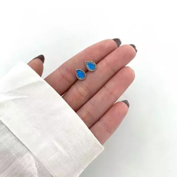 BRINCO GOTA AZUL ESCURO INDIANO PRATA 925 - My Prata Joias