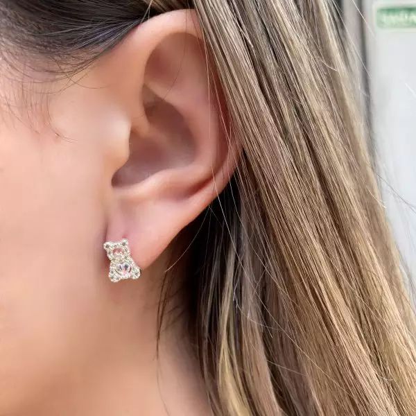 BRINCO URSO ZIRCÔNIA CRISTAL CORAÇÃO PRATA 925 - My Prata Joias