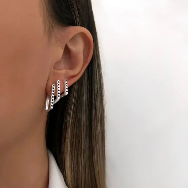 BRINCO TRIO QUADRADO ZIRCÔNIA ONIX PRATA 925 - My Prata Joias