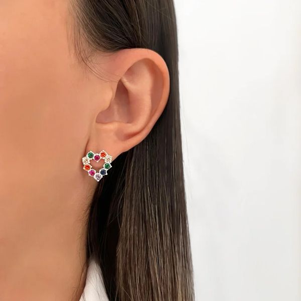 BRINCO CORAÇÃO ZIRCÔNIA COLORIDO PRATA 925 - My Prata Joias