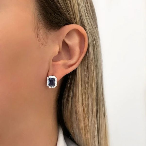 BRINCO RETANGULAR ZIRCÔNIA AZUL ESCURO E CRISTAL P... - My Prata Joias