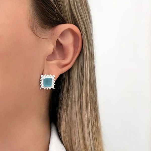 BRINCO QUADRADO ZIRCÔNIA CRISTAL E AZUL CLARO PRAT... - My Prata Joias