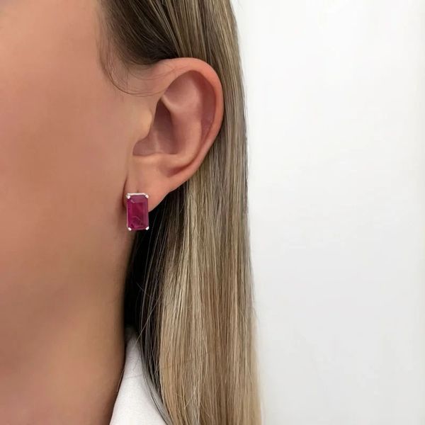 BRINCO RETANGULAR ZIRCÔNIA ROSA FUCSIA PRATA 925 - My Prata Joias