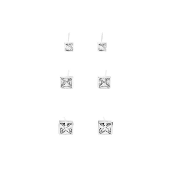 TRIO BRINCO QUADRADO ZIRCÔNIA CRISTAL PRATA 925 - My Prata Joias