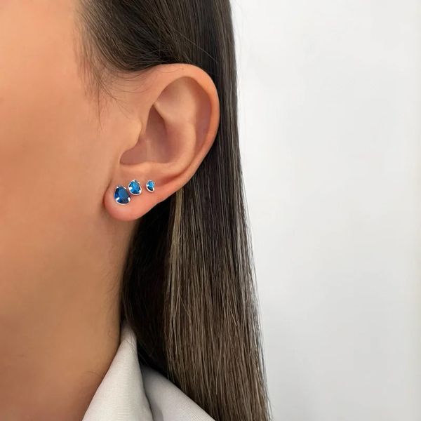 TRIO BRINCO GOTA ZIRCÔNIA AZUL ESCURO PRATA 935 - My Prata Joias