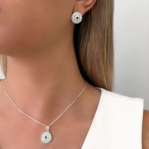 CONJUNTO GARGANTILHA BRINCO REDONDO ZIRCÔNIA ROSA ... - My Prata Joias