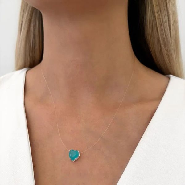GARGANTILHA FIO NYLON CORAÇÃO ZIRCÔNIA AZUL TURQUE... - My Prata Joias