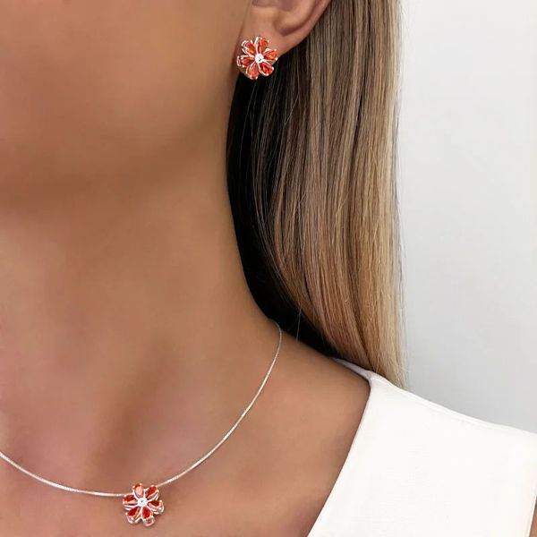 CONJUNTO BRINCO GARGANTILHA FLOR ZIRCÔNIA LANRANJA... - My Prata Joias