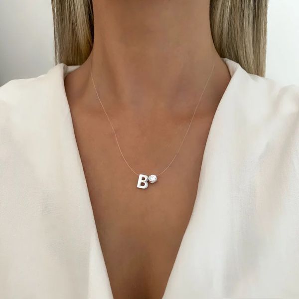 GARGANTILHA FIO NYLON LETRA B PONTO DE LUZ ZIRCÔNI... - My Prata Joias
