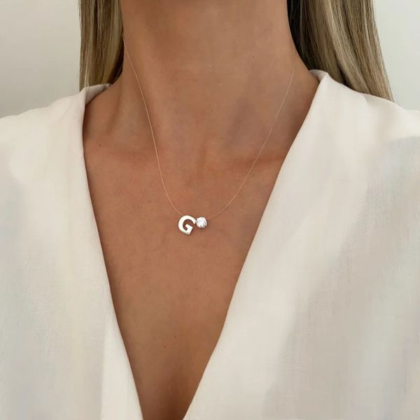 GARGANTILHA FIO NYLON LETRA G PONTO DE LUZ ZIRCÔNI... - My Prata Joias