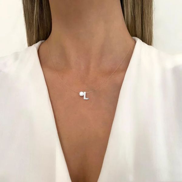 GARGANTILHA FIO NYLON LETRA L PONTO DE LUZ ZIRCÔNI... - My Prata Joias