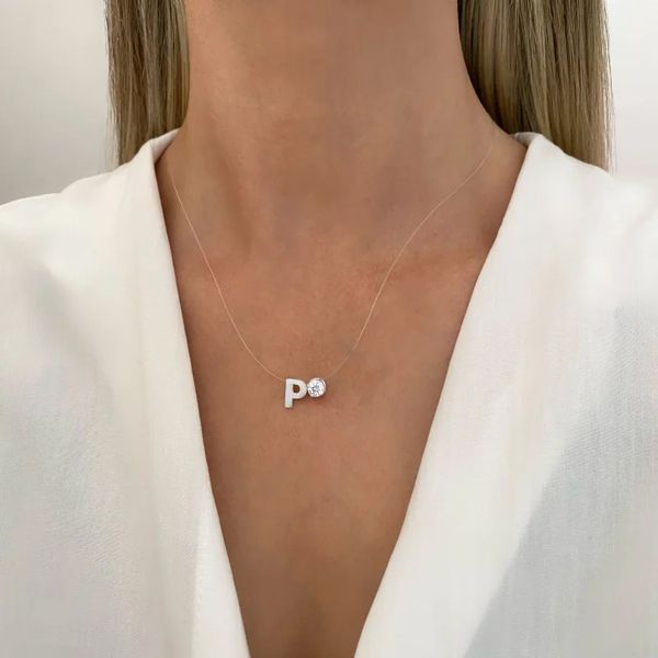 GARGANTILHA FIO NYLON LETRA P PONTO DE LUZ ZIRCÔNI... - My Prata Joias