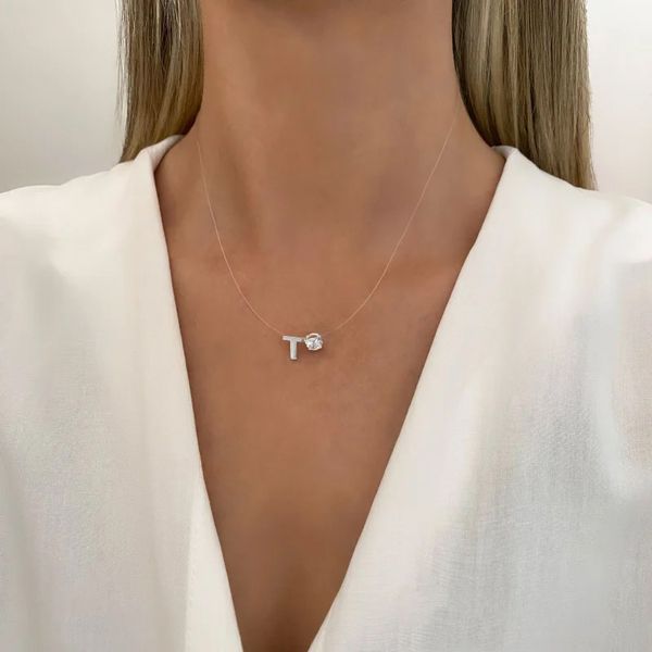 GARGANTILHA FIO NYLON LETRA T PONTO DE LUZ ZIRCÔNI... - My Prata Joias