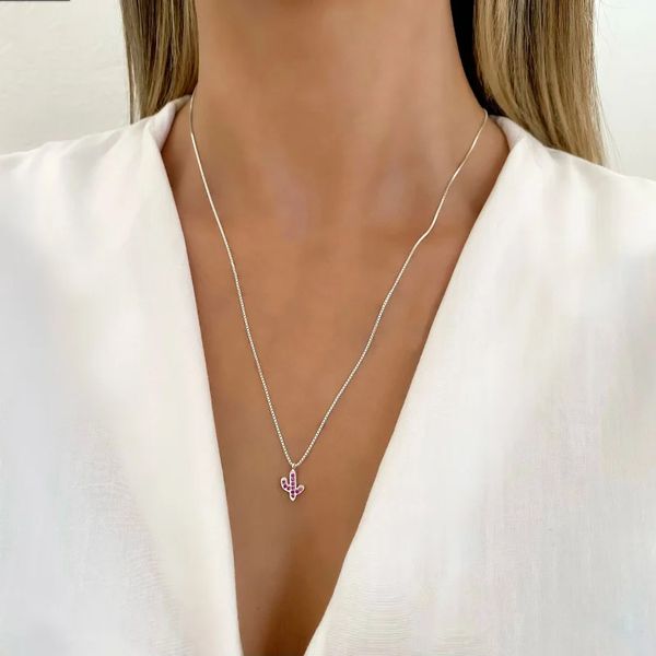 GARGANTILHA CACTO ZIRCÔNIA ROSA PRATA 925 - My Prata Joias