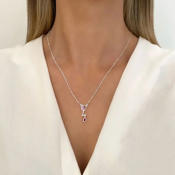 GARGANTILHA TAÇA GOTA ZIRCÔNIA ROSA VERMELHA PRATA... - My Prata Joias