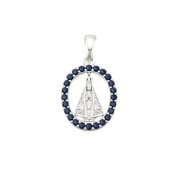 PINGENTE OVAL NOSSA SENHORA ZIRCÔNIA AZUL ESCURO P... - My Prata Joias