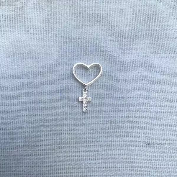 PINGENTE CORAÇÃO CRUZ CRAVEJADA ZIRCÔNIA CRISTAL P... - My Prata Joias