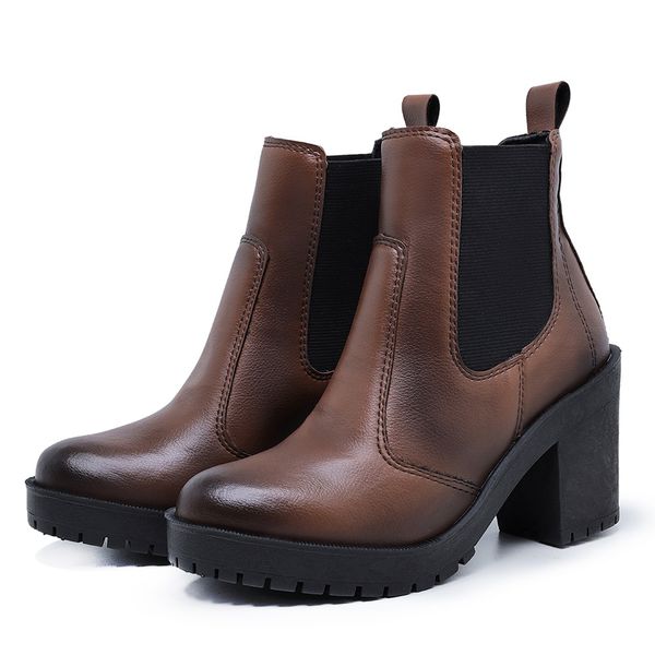 Bota Coturno Feminino Salto Médio Tratorada Elástico Confortável Whisky 