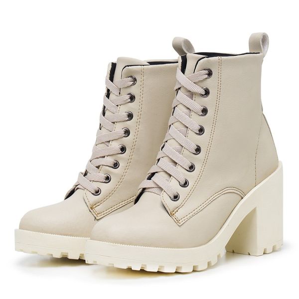Bota Coturno Feminino Salto Médio Tratorada Macia Confortável Off White