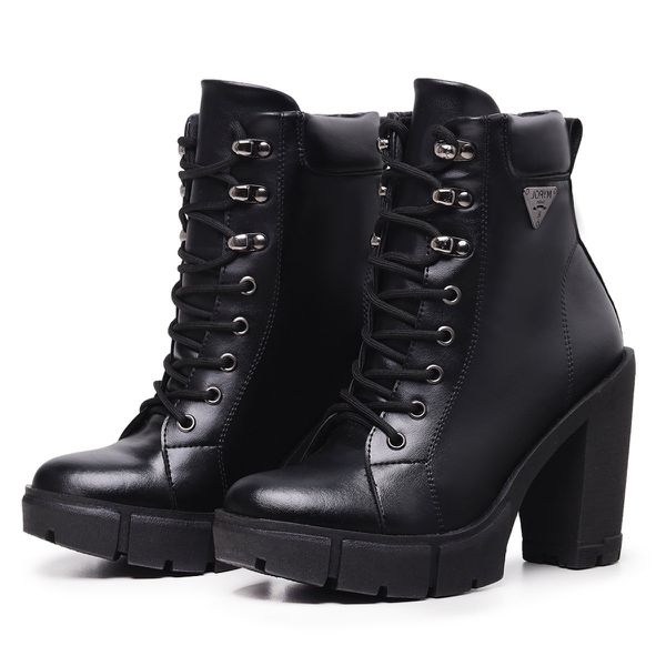 Bota Coturno Feminino Com Cadarço Plataforma Tratorada Elegante Preto