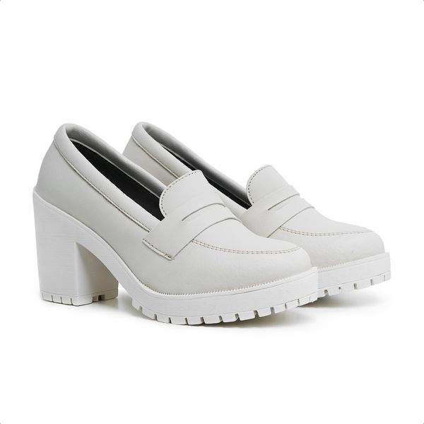 Mocassim Feminino Oxford Salto Alto Off White