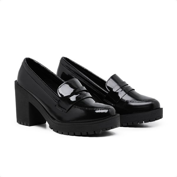 Mocassim Feminino Oxford Salto Alto Preto Verniz