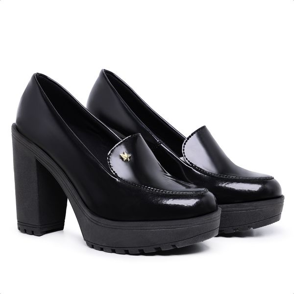 Mocassim Feminino Oxford Salto Alto Com Metal Preto Verniz