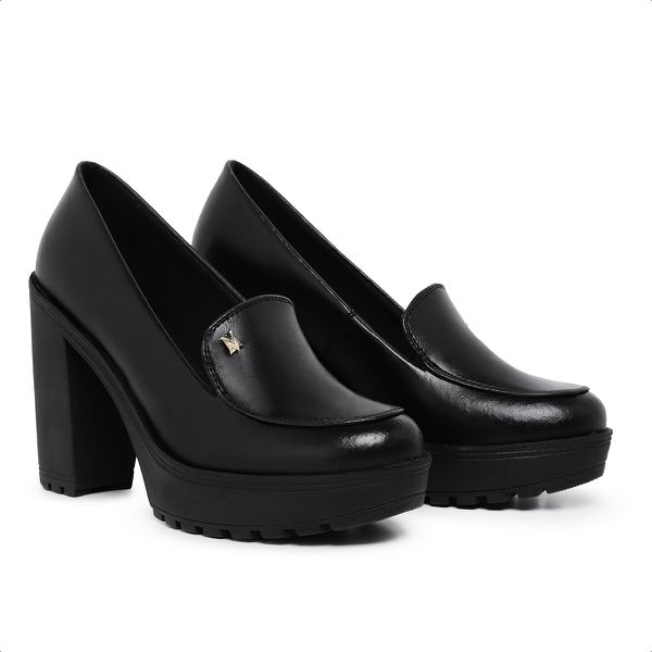 Mocassim Feminino Oxford Salto Alto Com Metal Preto