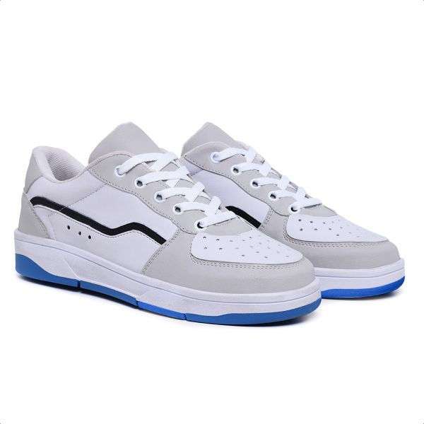 Tênis Feminino Casual Básico, Cano Baixo, Acolchoado Branco com Cinza