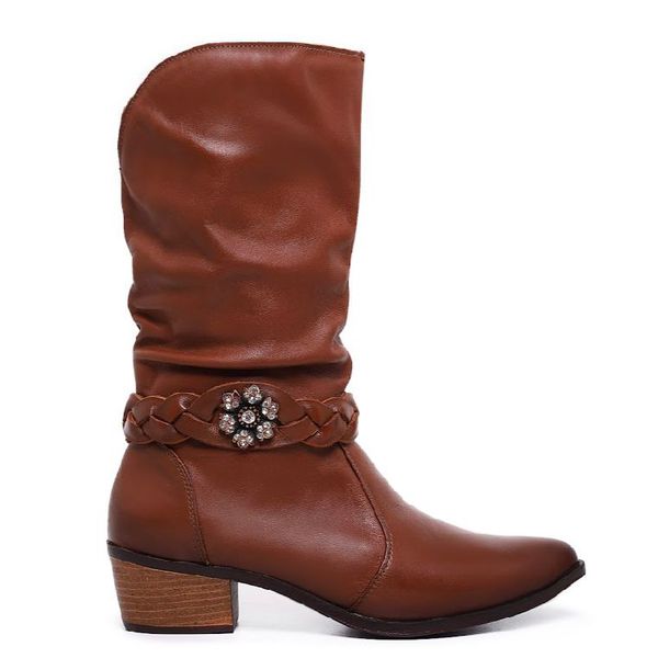 Bota Samara couro legitimo com fivela removível de flor Mocha mousse 