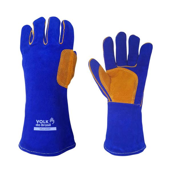 LUVA DE RASPA COM FORRO E PUNHO DE 15 CM AZUL/LARANJA WELD SMART