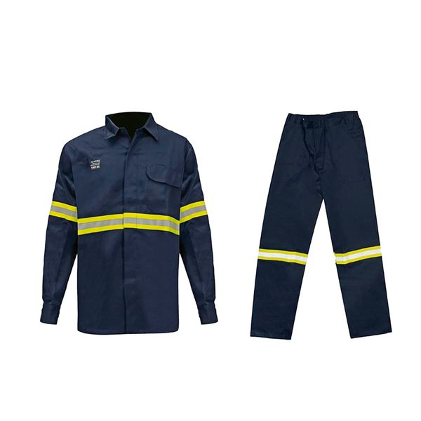 CONJUNTO ELETRICISTA NR10 CLASSE 2 ATPV 9,6 100% ALGODÃO AZUL MARINHO COM FAIXA REFLETIVA