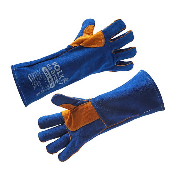 LUVA DE RASPA COM FORRO E PUNHO DE 20 CM AZUL/LARANJA WELD MASTER