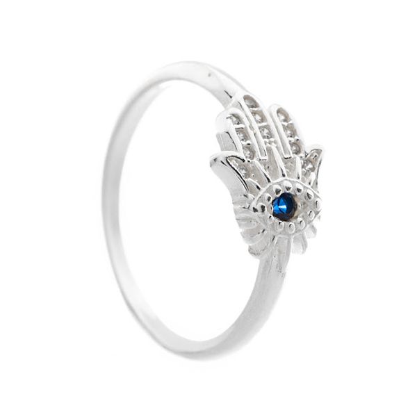 ANEL MÃO DE FÁTIMA COM ZIRCÔNIA AZUL / CRISTAL