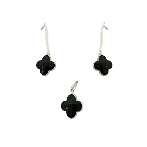CONJUNTO PRATA 925 TREVO PRETO BRINCO E PINGENTE ZIRCONIA
