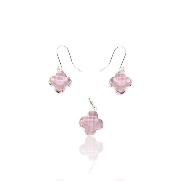 CONJUNTO PRATA 925 TREVO ROSA BRINCO E PINGENTE ZIRCONIA