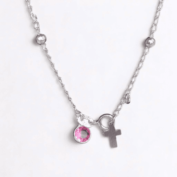 PULSEIRA ZIRCONIA ROSA E BOLINHAS PRATA 925