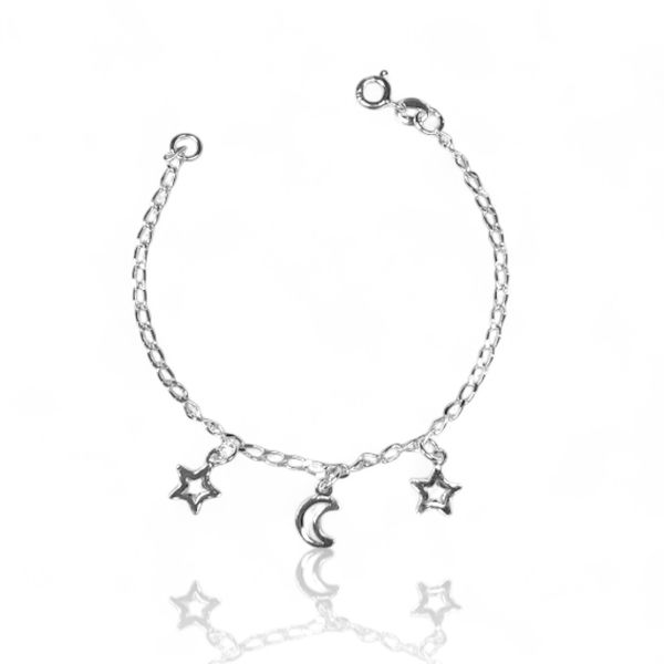 PULSEIRA INFANTIL 3 PINGENTE LUA ESTRELA PRATA 925
