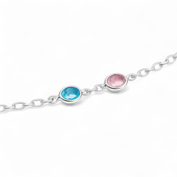 PULSEIRA INFANTIL 2 PINGENTE ZIRCONIA AZUL E ROSA PRATA 925
