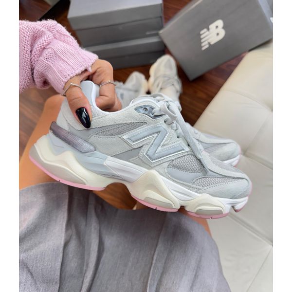 New Balance 9060 Cinza com sola rosa - Couro