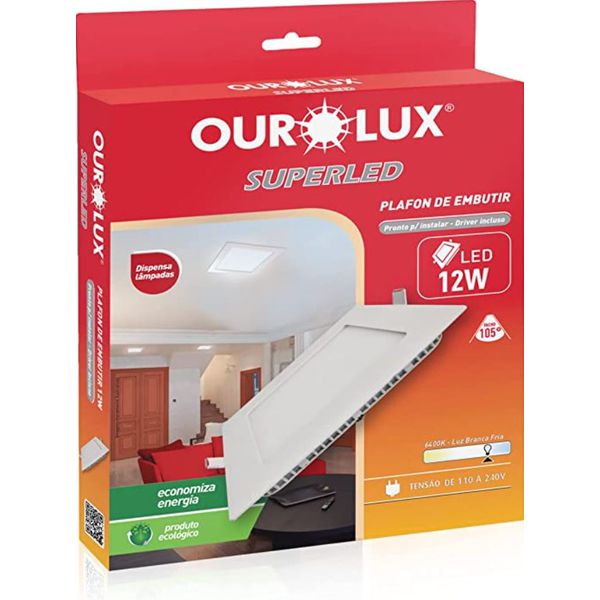 Plafon Embutido Led Quadrado 12W 6400K - Ourolux 